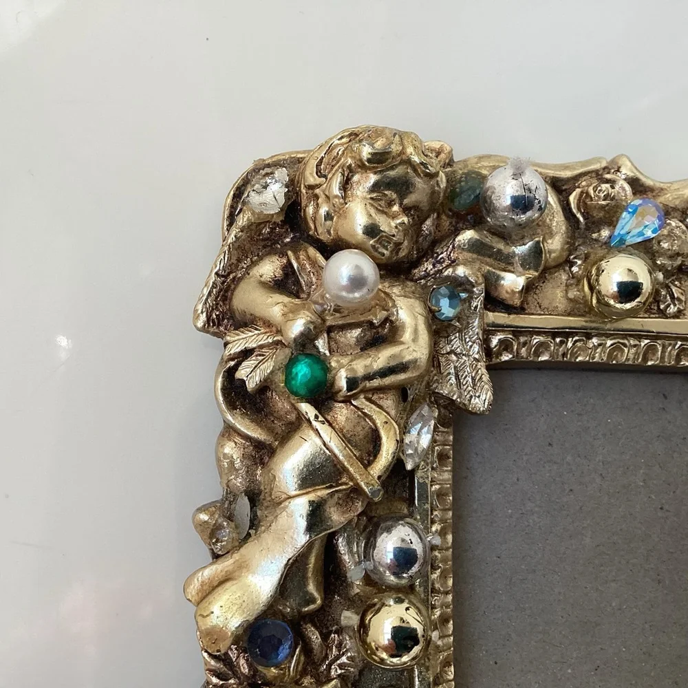 Gold jeweled angel picture frame 4x4 bows and rhinestones great gift idea